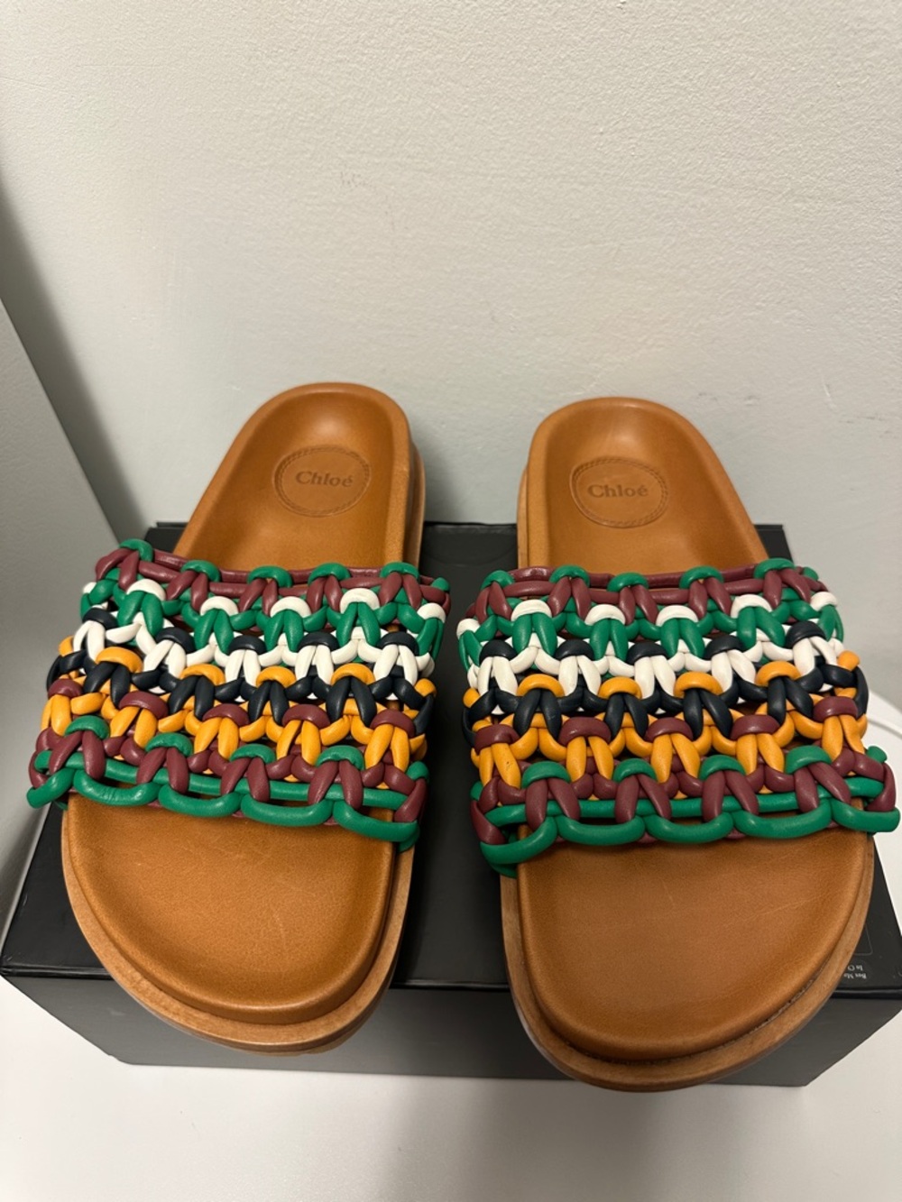 Chloé Wavy Flatform Crochet Leather Tan Slides with Multicolor Braided Straps - Picture 8 of 15